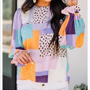 {SOLD} New FATE Lavender Abstract Patchwork Blouse